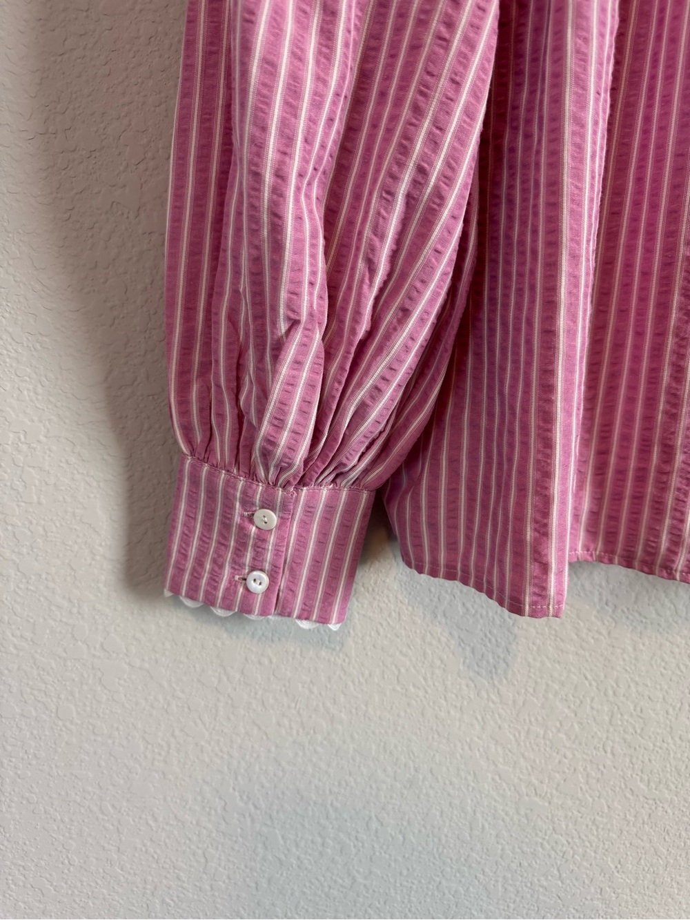 Entro Pink Striped Puff Sleeve Ric Rac Detail Grand Millenial Button Down Top S - Picture 9 of 10